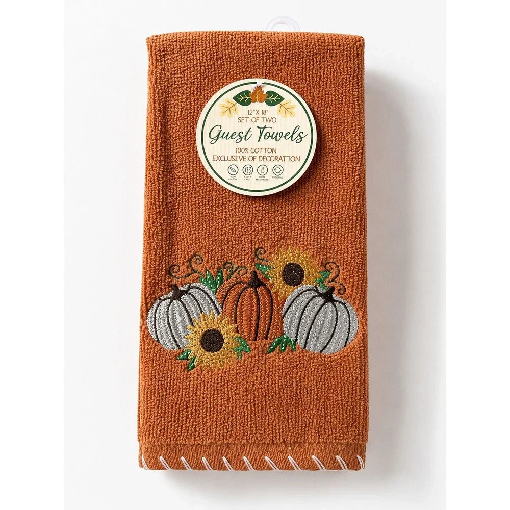 Thanksgiving Pumpkins Fingertip Towels Set of 2 Rust Embroidered Fall Harvest